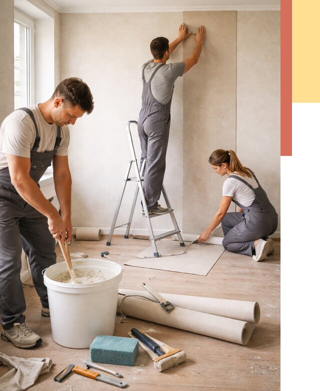 Оклейка стен обоями в Угличе от 3647 руб/м2 — быстро и недорого | ОТДЕЛОЧНИК-Глч