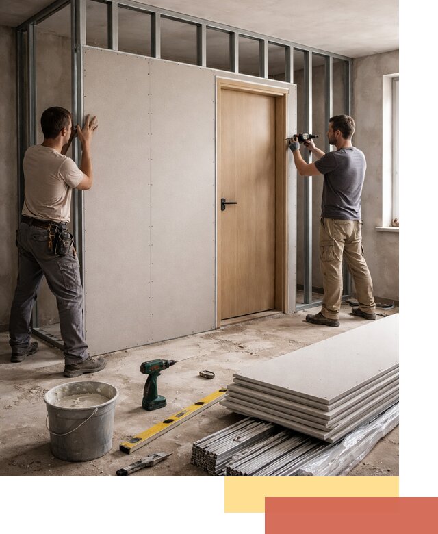 Перегородка из гипсокартона с дверью под ключ в Угличе