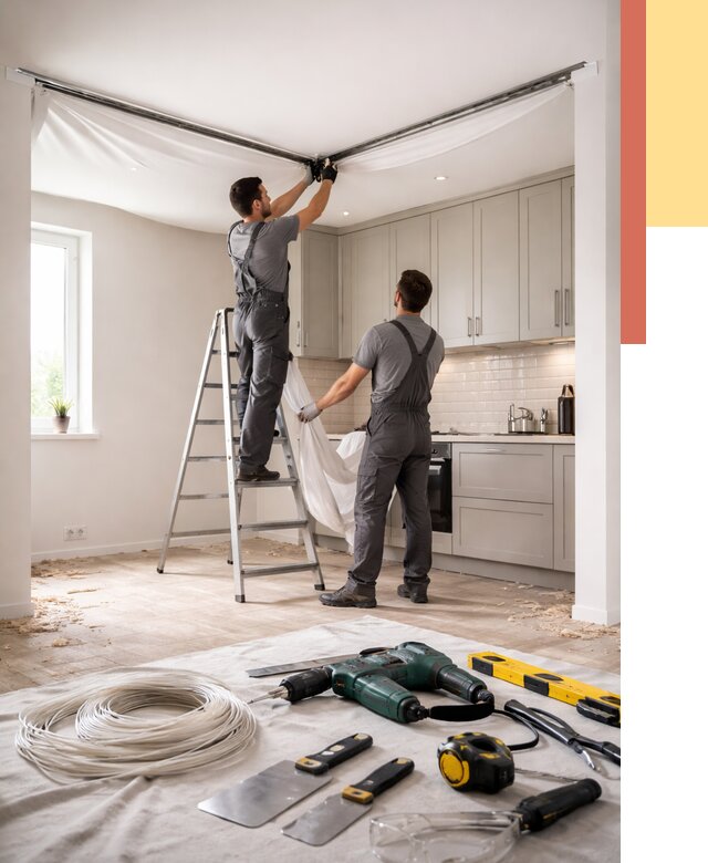 Установка натяжного потолка на кухне в Угличе от 2501 руб. | ОТДЕЛОЧНИК-Глч