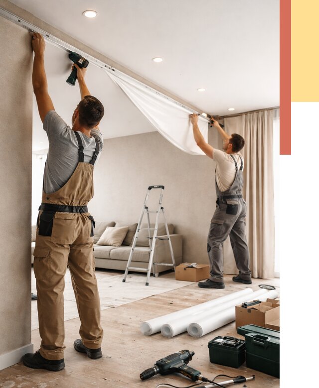 Монтаж натяжного потолка в гостиной в Угличе от 573 руб. | ОТДЕЛОЧНИК-Глч