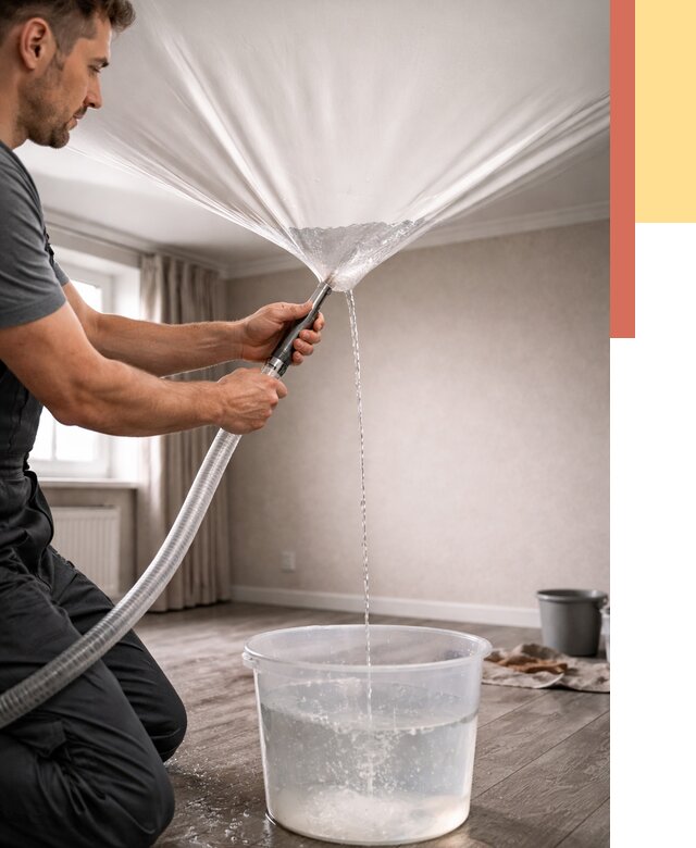 Слив воды с натяжного потолка в Угличе от 2605 руб. быстро и недорого | ОТДЕЛОЧНИК-Глч