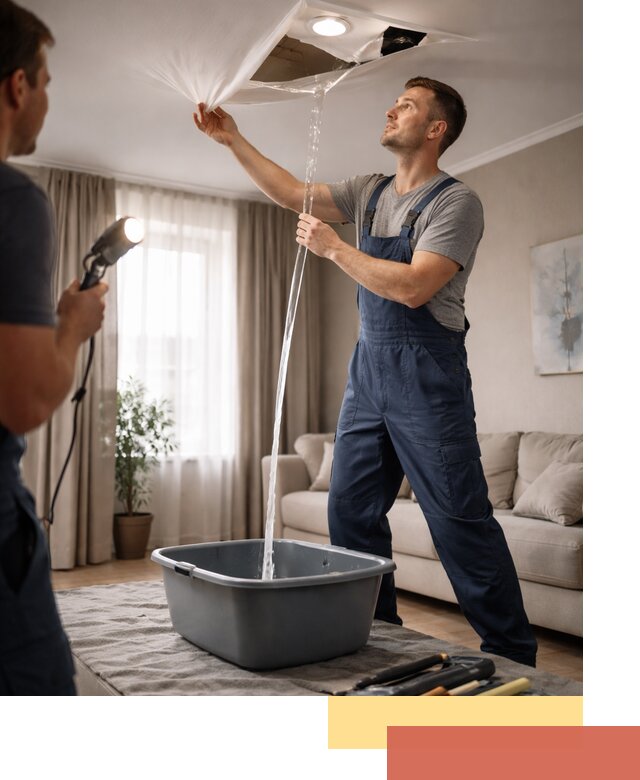 Слив воды с натяжного потолка в Угличе быстро и аккуратно