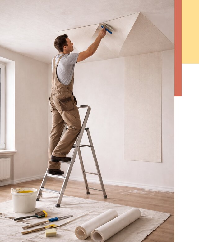 Поклейка обоев на потолок в Угличе от 4689 руб. быстро и недорого | ОТДЕЛОЧНИК-Глч